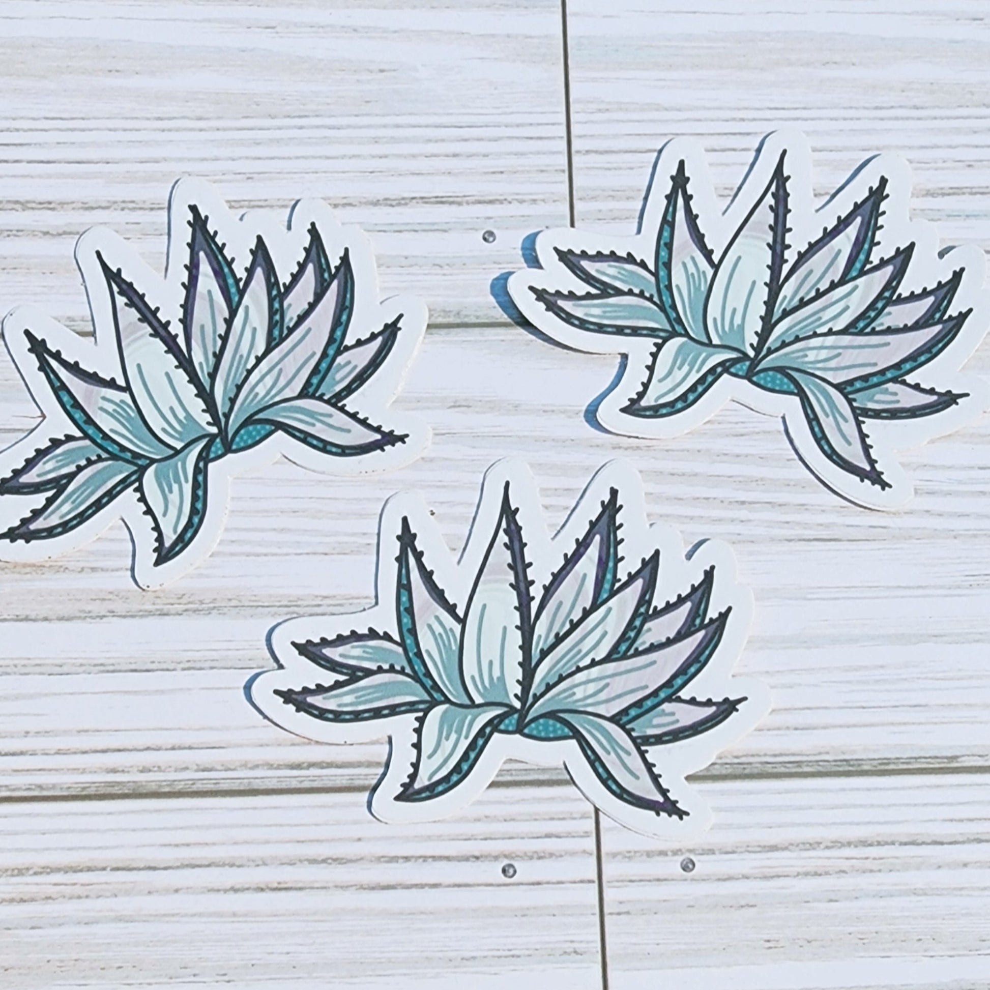 Three green succulent plant stickers on a light wooden surface